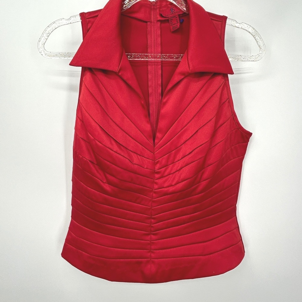 JS Collections Red Satin Pleated Portrait Collar Evening Top Sleeveless Size 12